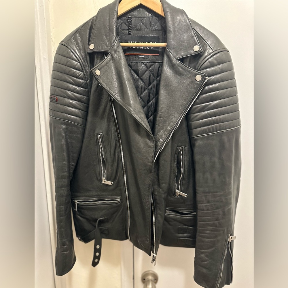 Authentic Leather biker jacket by “SuperDry” ! Size Large! 100% Authentic !